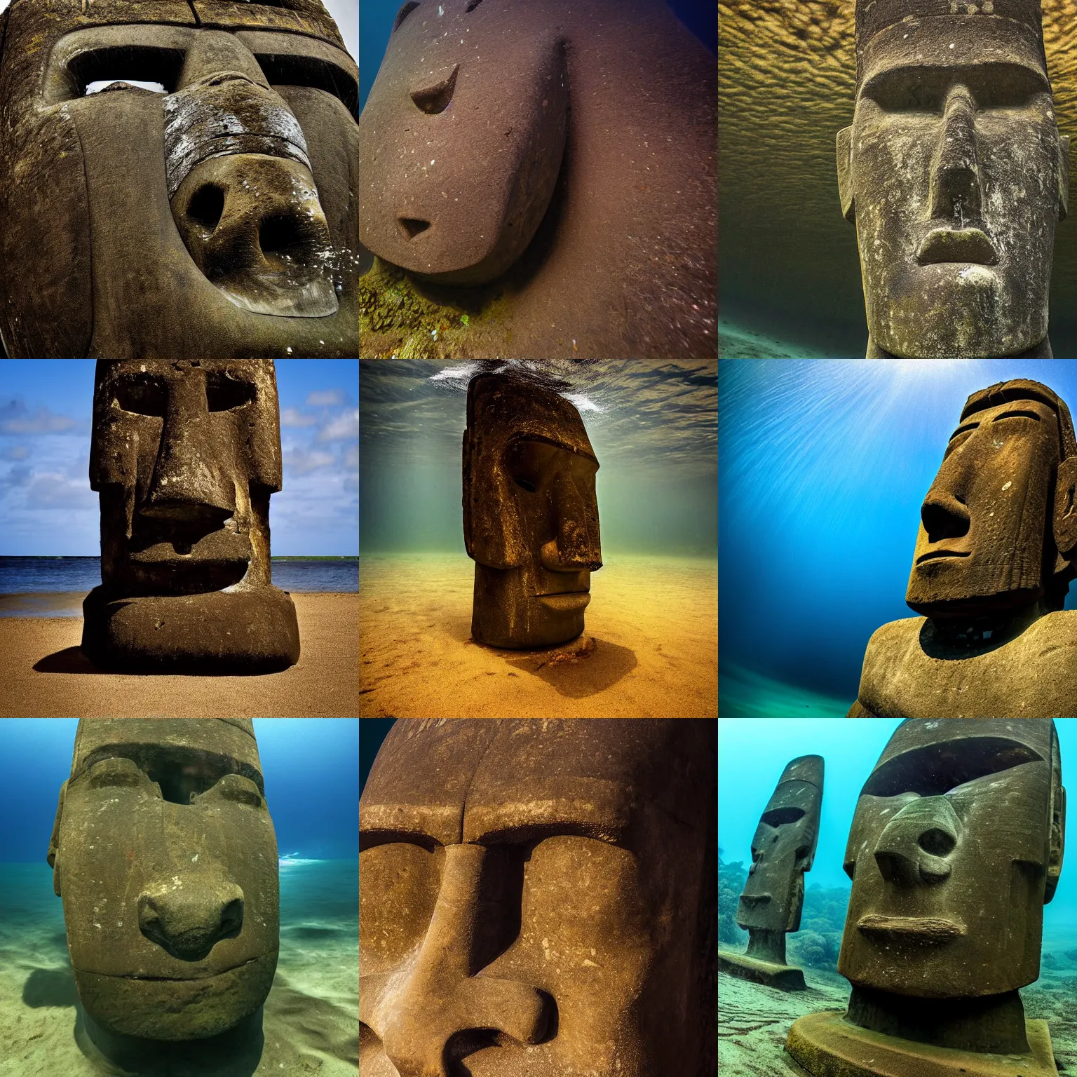 Prompt: extreme long shot of a sad moai underwater, award winning photo, high detail, tranquil, atmospheric, 8k