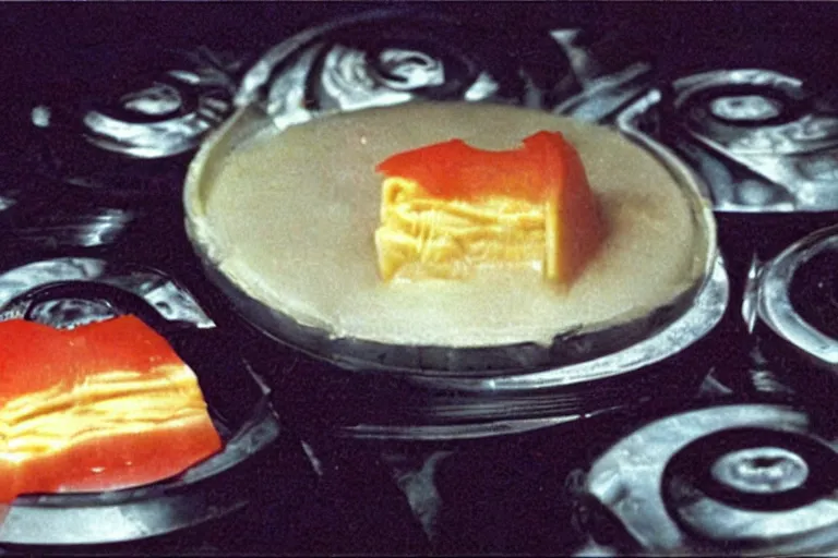 Image similar to tuna and cheese aspic in cyberspace, in 1 9 9 5, y 2 k cybercore, industrial low - light photography, still from a ridley scott movie