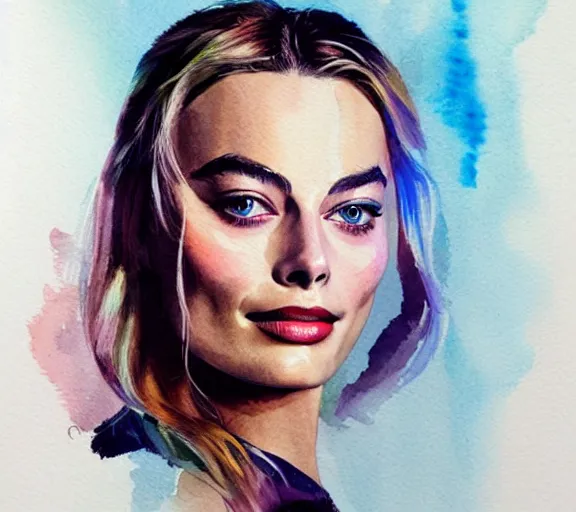 Image similar to A portrait of margot robbie made out of watercolor, trending on artstation