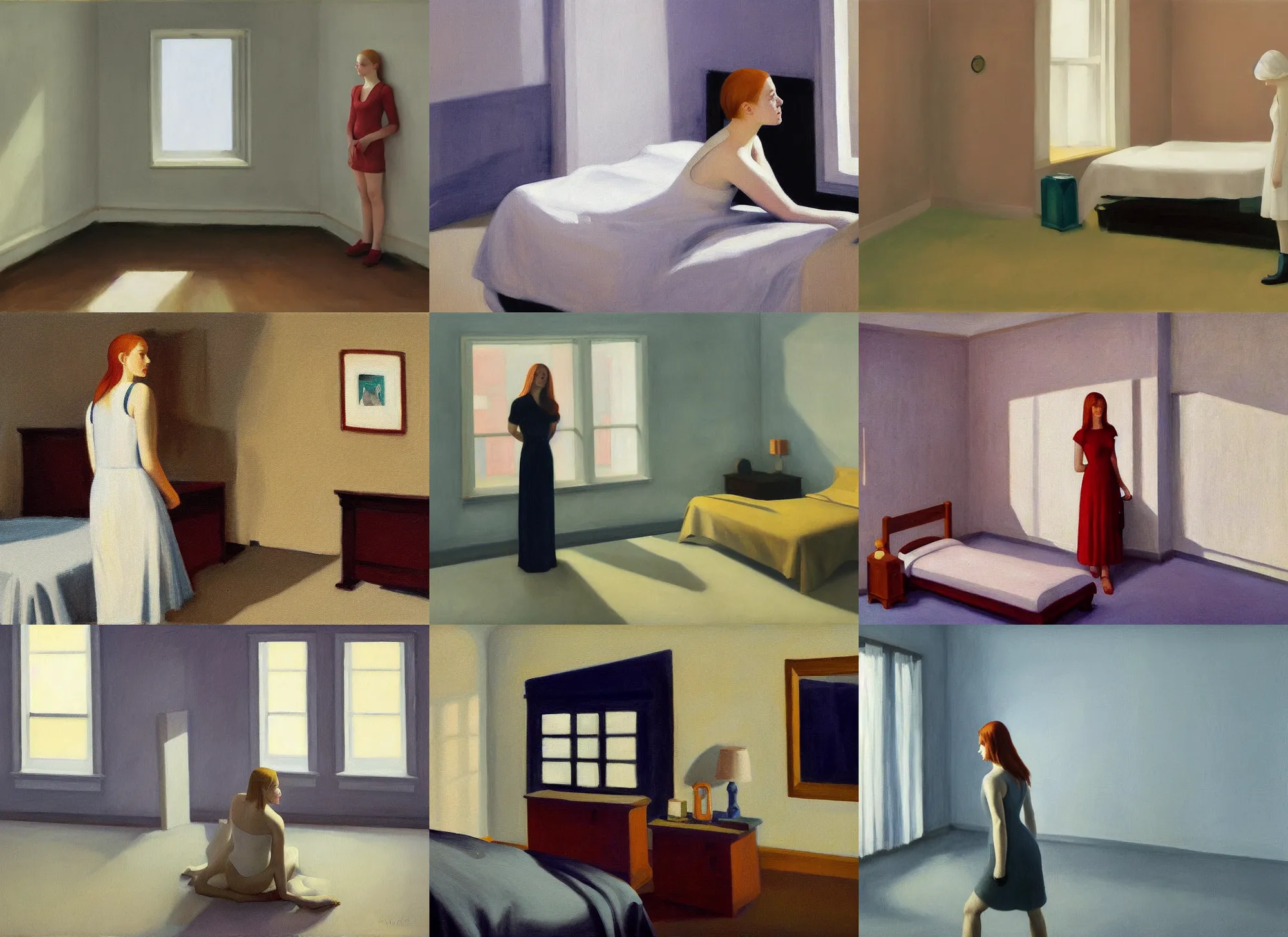 Prompt: minimalist sophie turner in empty bedroom oil painting by edward hopper