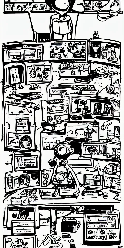 Prompt: a body controlled by a brain, sitting at a control center, in front of the internet, drawing a comic book, in the style of Gary Baseman and Robert Crumb. black and white photography, pulp, science fiction.