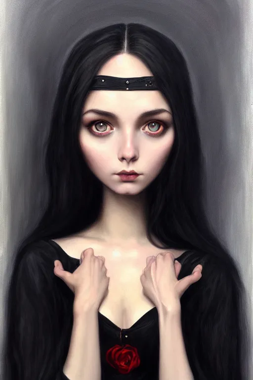 Prompt: a portrait of a beautiful dark hair waif girl gothic, bored, illustration, soft lighting, soft details, painting oil on canvas by margaret keane and artgerm, trending on artstation, 4k, 8k, HD