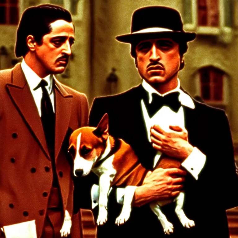 Prompt: cinescreen from the godfather, holding a dog, cinematic scene screen cap, realistic, film grain