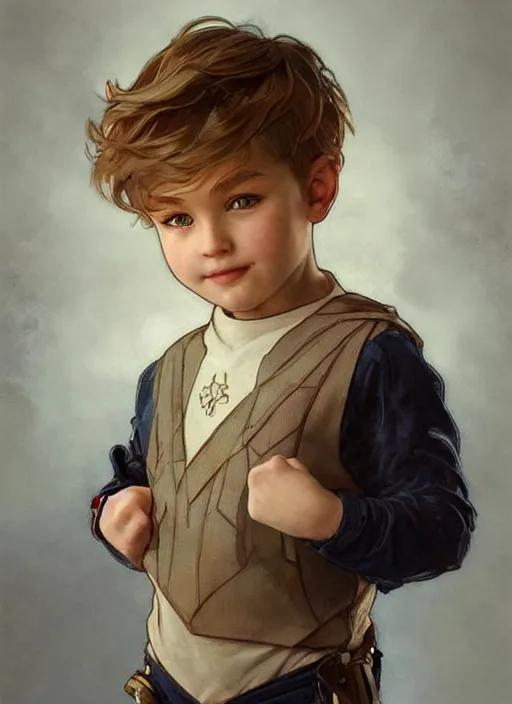 Image similar to a little boy with a mischievous face and short straight blonde hair. he is dressed as a superhero. clean elegant painting, beautiful detailed face. by artgerm and greg rutkowski and alphonse mucha