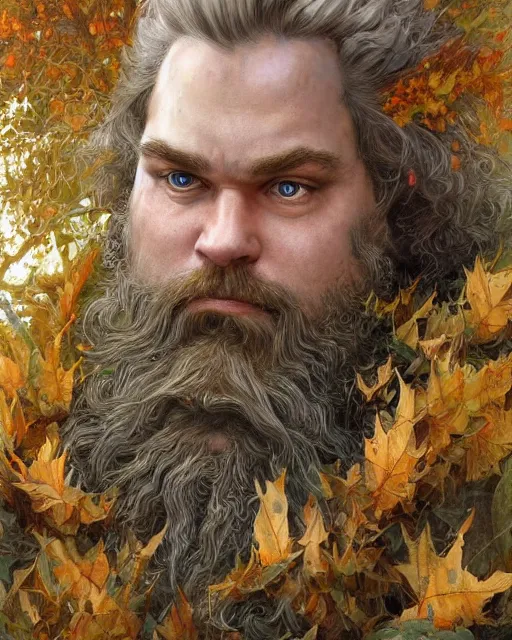 Prompt: patrick rothfuss as a forest druid with ram horns and leaves in his beard | highly detailed | very intricate | symmetrical | cinematic lighting | award - winning | closeup portrait | painted by donato giancola and mandy jurgens and brian froud | featured on artstation