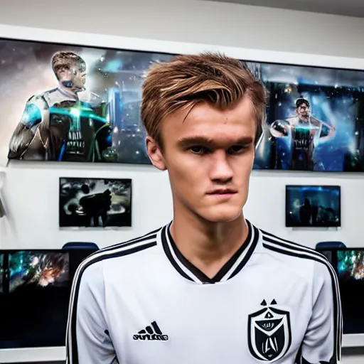 Image similar to a realistic detailed photo of a guy who is an attractive humanoid who is half robot and half humanoid, who is a male android, soccer player martin ødegaard, shiny skin, posing like a statue, blank stare, in a gaming room, on display