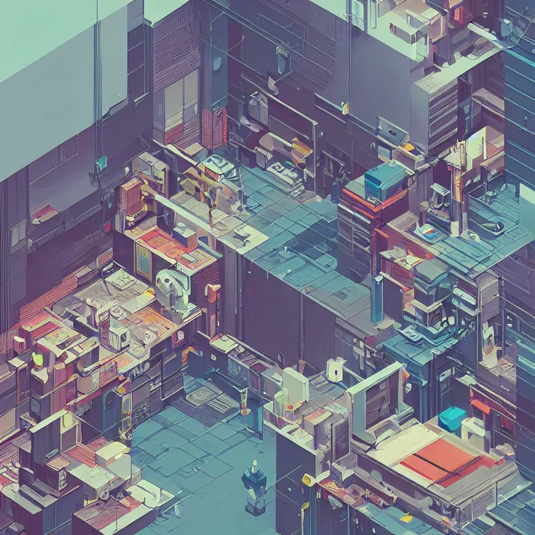 Prompt: isometric view illustration of a Cyberpunk apartment, highly detailed, by James Gilleard and Bruce Pennington
