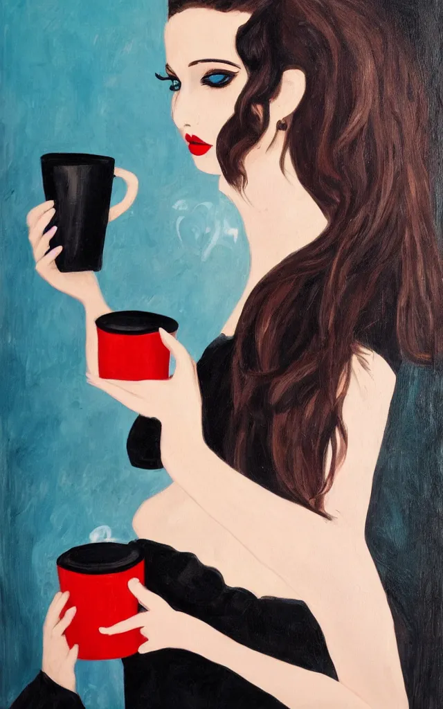 Image similar to painting of the dark - souled but beautiful princess of coffee, dark hair, blue eyes, black dress, teenager, dark eye shadow, red lips, holding a large cup of coffee.