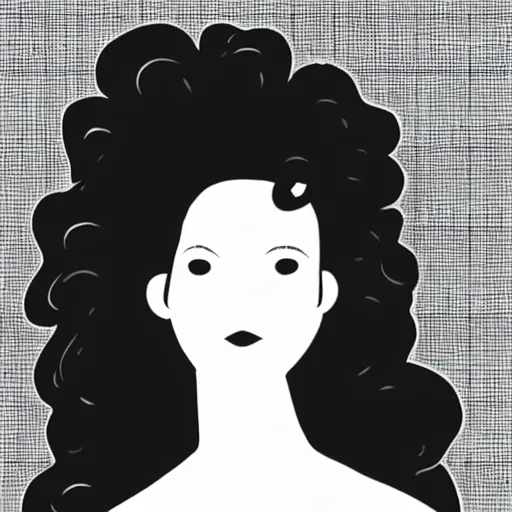 Image similar to a black and white drawing of the silhouette of a woman with long curly tied hair using a dress