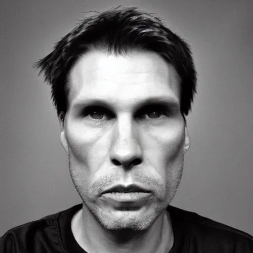 Image similar to A mugshot portrait of a middle aged man who looks like Jerma985 with very short wavy hair, and wearing late 1990s menswear in the late 2000s, taken in the late 2000s, grainy, realistic, hyperrealistic, very realistic, highly detailed, very detailed, extremely detailed, detailed, trending on artstation, front facing, front view, headshot and bodyshot, detailed face, very detailed face