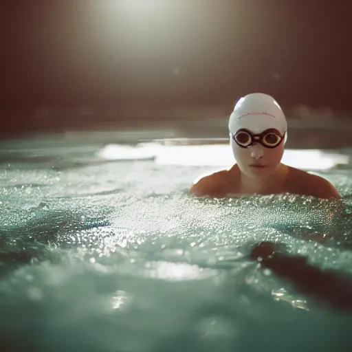 Image similar to a photo of a female swimming in a block of ice, 5 0 mm lens, f 1. 4, sharp focus, ethereal, emotionally evoking, head in focus, volumetric lighting, 8 k