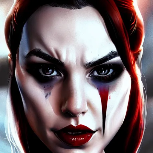 Image similar to a close up face of gal gadot as Harley Quinn, by Stanley Artgerm Lau, WLOP, Rossdraws, James Jean, Andrei Riabovitchev, Marc Simonetti, Yoshitaka Amano, ArtStation, CGSociety, Full body shot