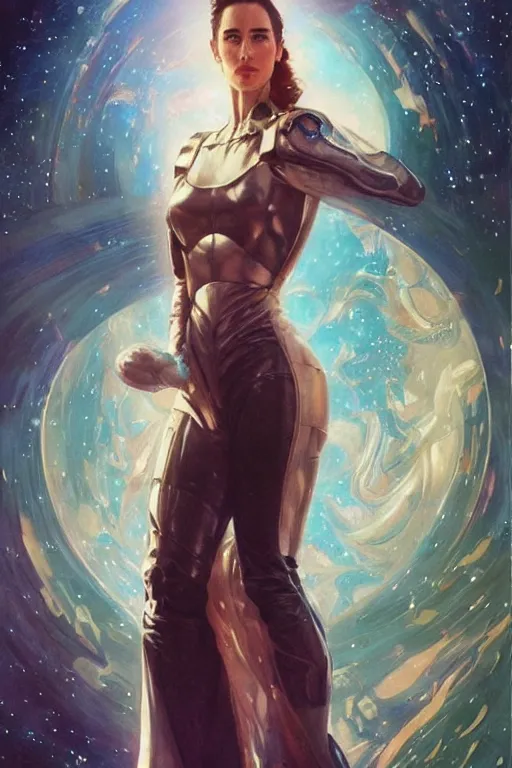 Prompt: Jennifer Connelly as a stunning , beautiful retro SCI-FI space heroine 1985 , intricate, elegant, highly detailed, centered, digital painting, trending on artstation, concept art, smooth, sharp focus, illustration, art by artgerm and donato giancola and Joseph Christian Leyendecker, Ross Tran, WLOP