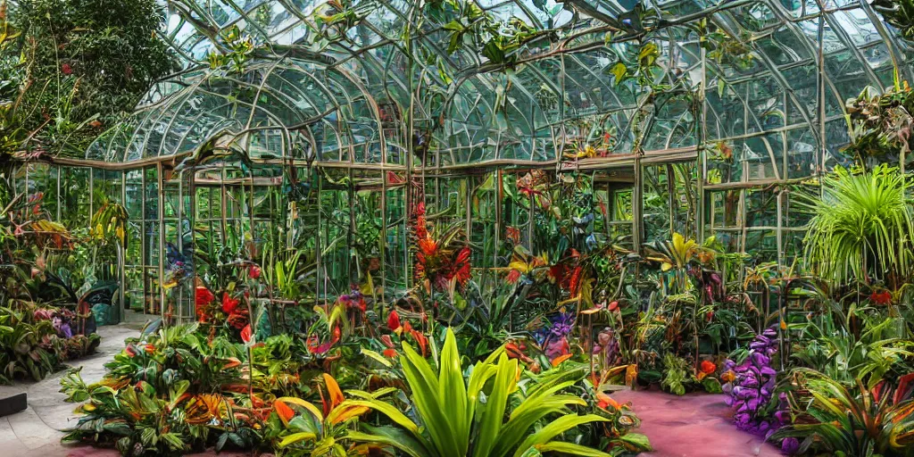 Prompt: magician's tropical greenhouse garden with colored glass coverhighly detailed, mysterious, comfort, in the style of william schneider, 8 k