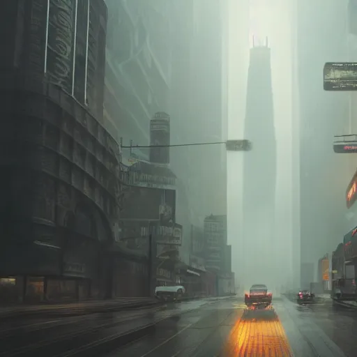 Image similar to in a city with a rich history, the huge building stands in the middle, the road is full of ghosts, blade runner 2 0 4 9, highly detailed, cinematic landscape ， foggy ， octane render ， trending on behance,