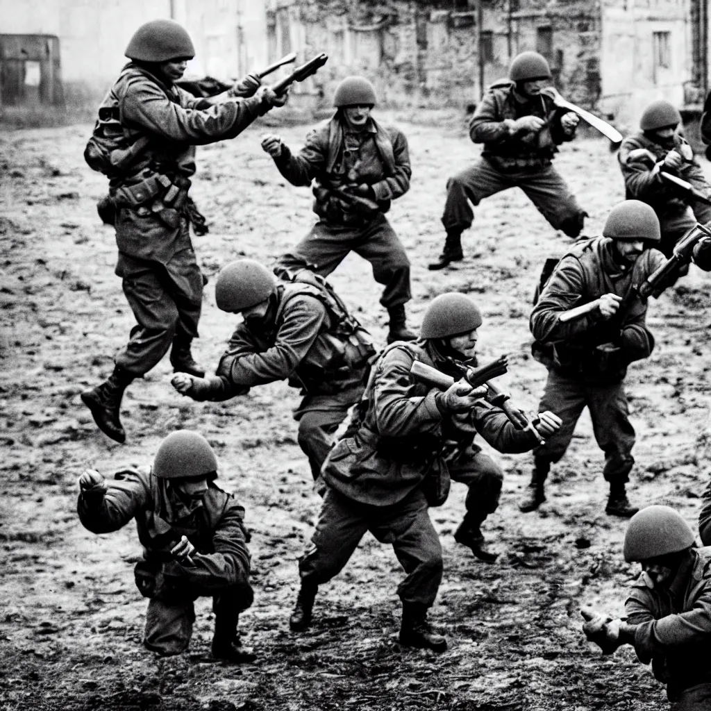 Prompt: soviet spetsnaz soldiers throwing potatoes, black and white, retro, very detailed, 4 k, professional photography