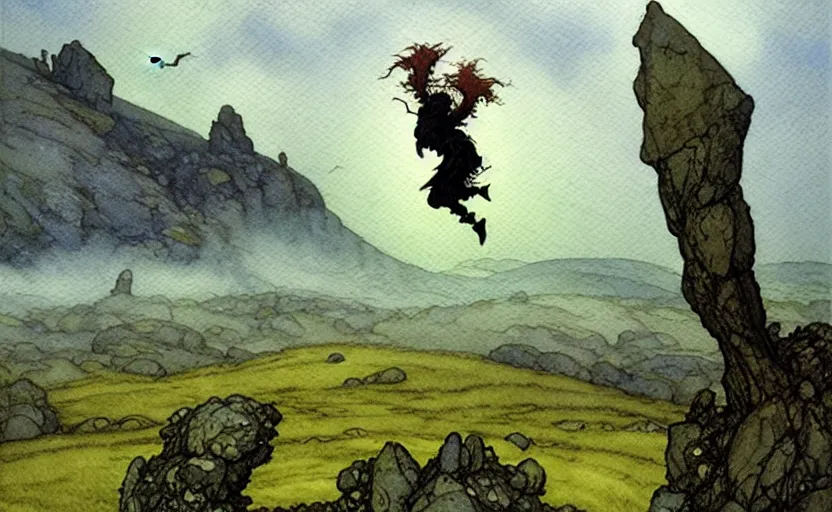 Image similar to a hyperrealist watercolour concept art of a flying rock. it is a misty night on the moors of ireland. by rebecca guay, michael kaluta, charles vess and jean moebius giraud