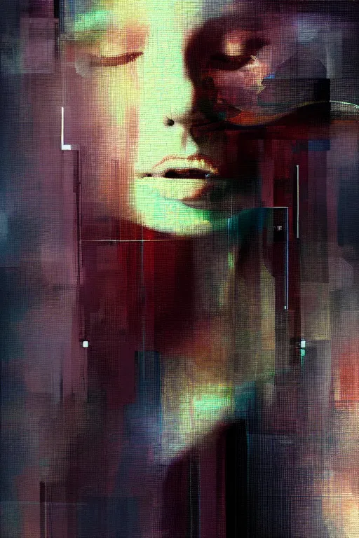 Image similar to a beautiful glitched painting by christian hook of a woman in a bathroom, geometric shapes and pixel sorting, brushstrokes by jeremy mann, still life, dark colors