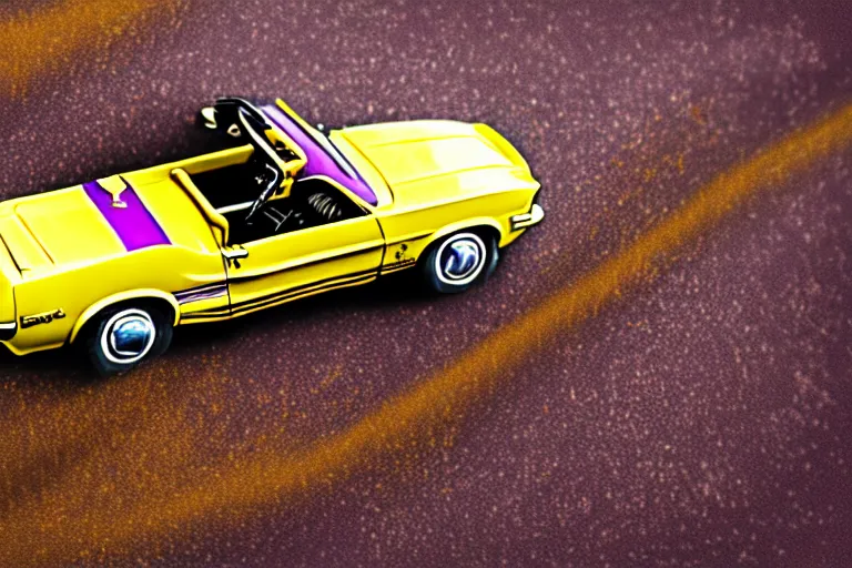 Prompt: purple mustang covered in mustard on a film strip road