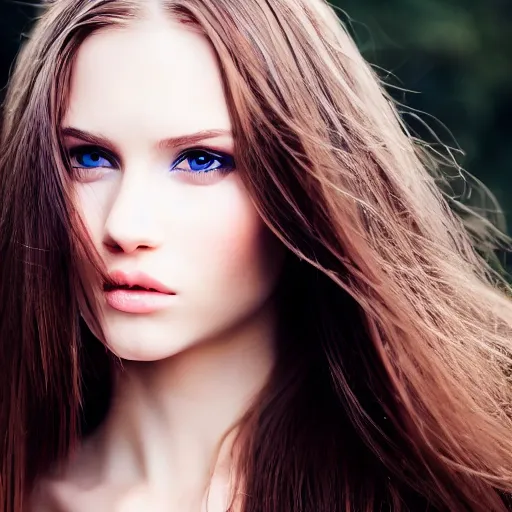 Prompt: fashion model long brown hair fix blue eyes looking into lens heavy bokeh modern fashion look