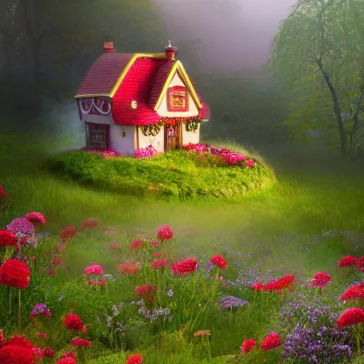 Prompt: fantasy little strawberry-like cottage among magical floral meadow partially covered with fog, photo realistic image, super detailed, 4K,cinematic look, H 1024