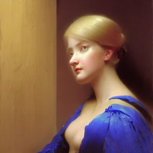 Image similar to a young woman's face, her hair is golden white and she wears an cobalt blue satin cloak, by ivan aivazovsky and syd mead and moebius and gaston bussiere and roger dean and pieter claesz and paul delaroche and alma tadema and aelbert cuyp and willem claesz, hyperrealistic, volumetric light, octane render