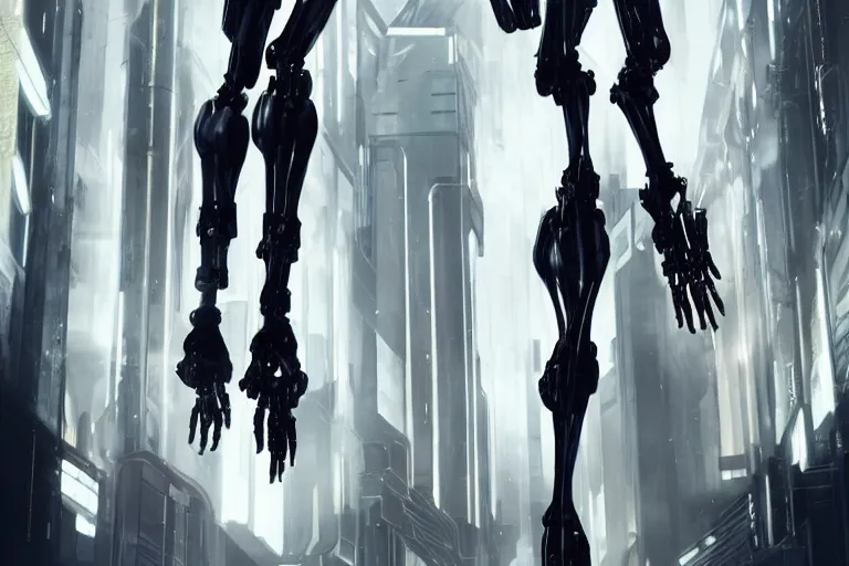 Image similar to skeletal black mecha walking down white marble hallway, Skeletal face android face one eye. mecha (carbon fiber) long limbs black panels reflective. Skeletal face android face one eye ((glowing_red_eye)) RTX On UE5 Artstation Bladerunner_2049_scene!!!!!! Cyberpunk 2077 bladerunner2049!!! bladerunner!!! Dark figure walking down white hallway slightly offset fancy hallway. reflective floor!!!!! Tom Bagshaw and Greg Rutkowski and Alphonse Mucha