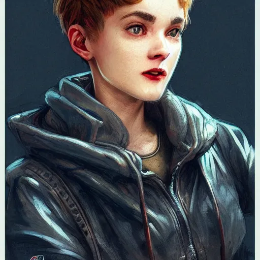 Image similar to character portrait of a 1950s girl in a hoodie with a pixie cut, dystopian cyberpunk steampunk soviet mood, intricate, wild, highly detailed, digital painting, artstation, upper body, concept art, smooth, sharp focus, illustration, art by artgerm and greg rutkowski and alphonse mucha