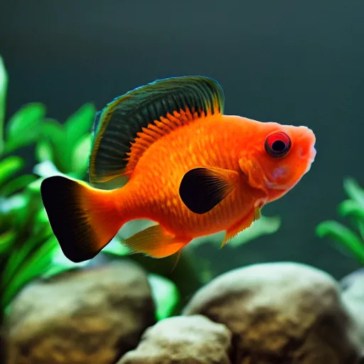 Prompt: “photograph of a ranchu goldfish with a mustache wearing a top hat and a monocle, holding a staff by its fin, hd, high res, high quality, sharp focus, 8k”