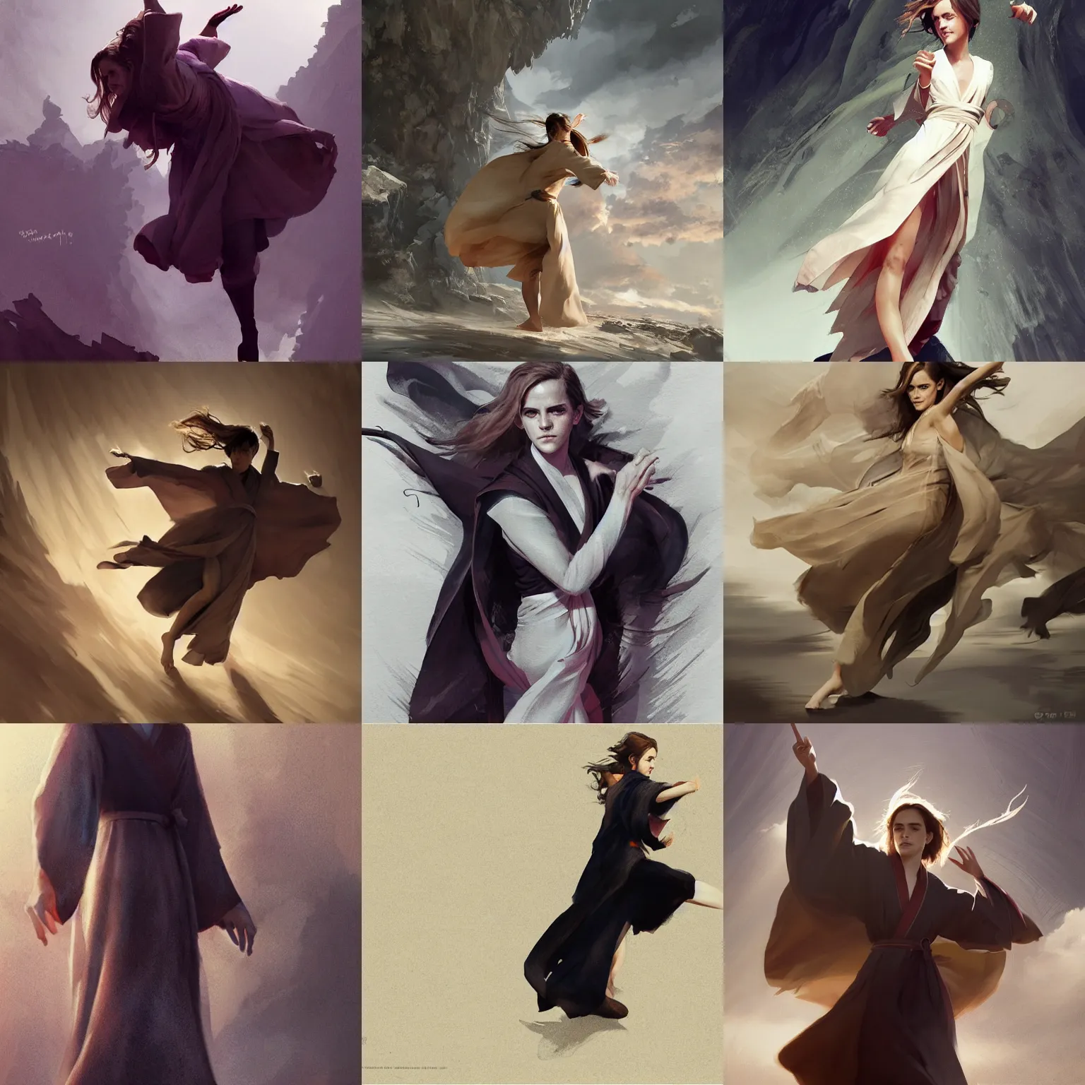 Prompt: emma watson flowing robes action motion poses taolu jianshu, nanquan, changquan, daoshu, gunshu, qiangshu, nandao and nangun sketch greg rutkowski foreshortening 3 6 0 degree david bailey