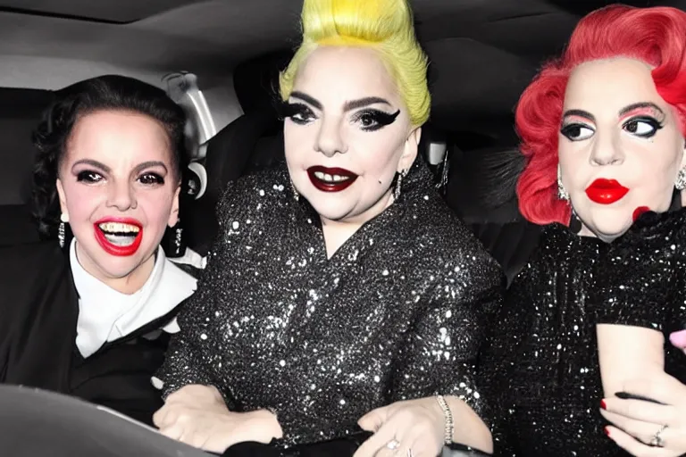 Image similar to lady gaga and judy garland doing carpool karaoke, lady gaga and judy garland, carpool karaoke, lady gaga, judy garland, carpool karaoke