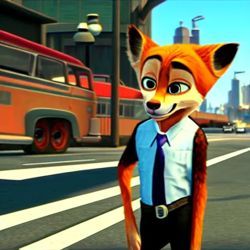 Prompt: Screenshot from Grand Theft Auto III featuring Nick Wilde (from Zootopia)