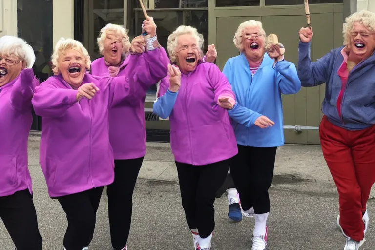 Prompt: a gang of old ladies waving hammers and wearing track suits laughing maniacally and screaming