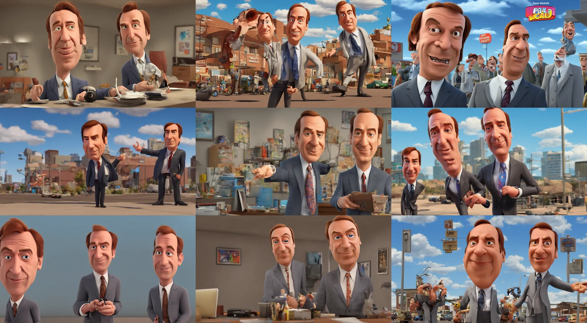 Prompt: a still of saul goodman in a pixar movie. 3 d rendering. unreal engine. amazing likeness. very detailed. cartoon caricature.