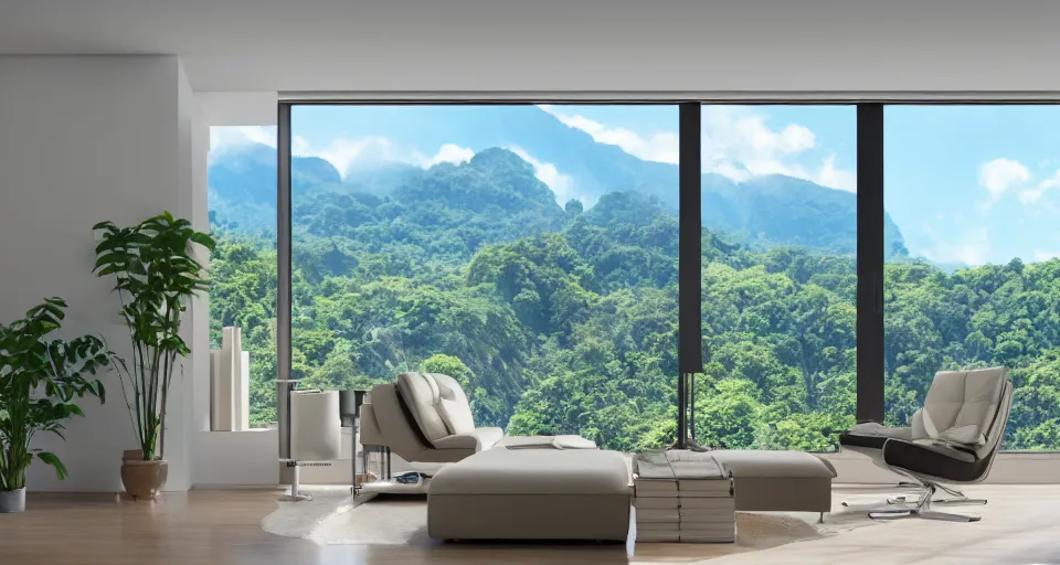 Prompt: looked at big window, architectural, mountains in background, cloud forest in background, tropical, sunny day time, clear sky, living room, furniture, IKEA catalogue, futuristic, ultra realistic, ultra detailed, cinematic light, anamorphic