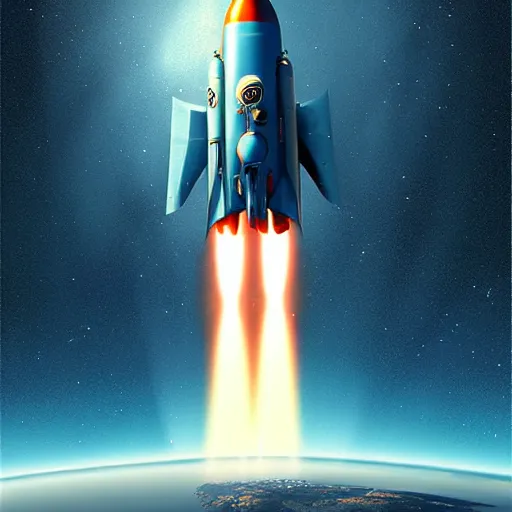 Image similar to Blue V2 rocket in space, tin tin, planet in the style of orange company, intricate, SCI-Fi, movie poster, high detail, digital art by raphael lacoste