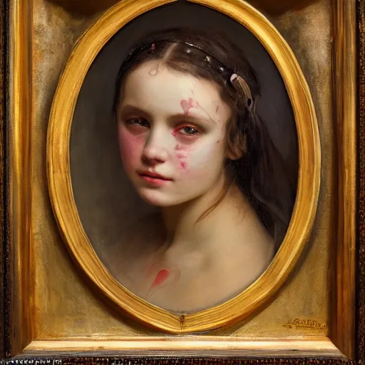 Image similar to portrait of a girl covered in scars wearing a black hood, extremely detailed painting by gaston bussiere and j. c. leyendecker 8 k