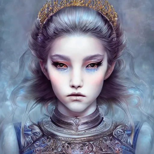 Image similar to A masterpiece portrait of a Incredibly beautiful queer moonchild blind girl with eyeliner . The Queen of the wolves .medium shot, intricate, elegant, highly detailed. trending on artstation, digital art, by Stanley Artgerm Lau, WLOP, Rossdraws, James Jean, Andrei Riabovitchev, Marc Simonetti, Yoshitaka Amano