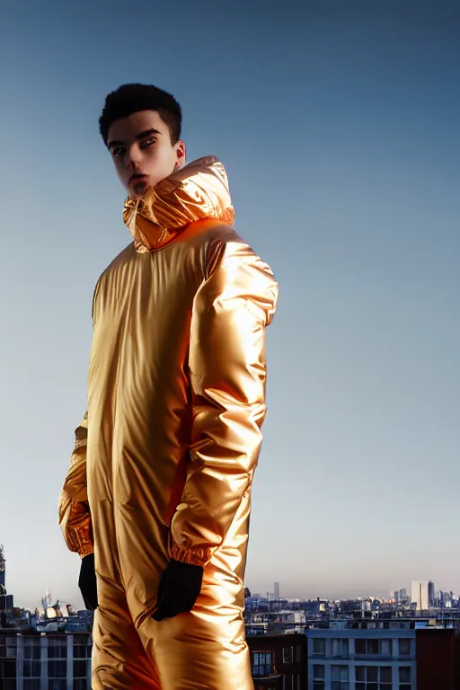 Prompt: un ultra high definition studio quality photographic art portrait of a young man standing on the rooftop of a british apartment building wearing opaque soft inflatable padded iridescent refractive streetwear clothing. three point light. extremely detailed. golden ratio, ray tracing, volumetric light, shallow depth of field. set dressed.