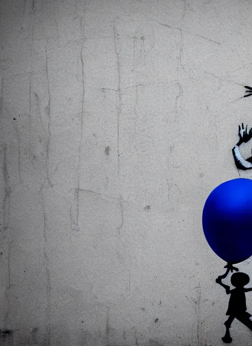 Prompt: A black and white graffiti of boy holding a single graffiti dark blue balloon on a concrete background in the style of Banksy, graffiti, digital art