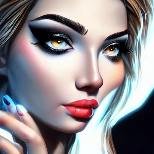 Prompt: beauty woman, makeup, trending on artstation, 8 mm, by Artgerm