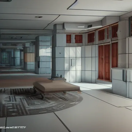 Image similar to Sci fi interior, unreal engine 5 tech demo, zillow interior, cool tint, metallic reflective, octane render, Frank Lloyd Wright ((Studio Ghibli))