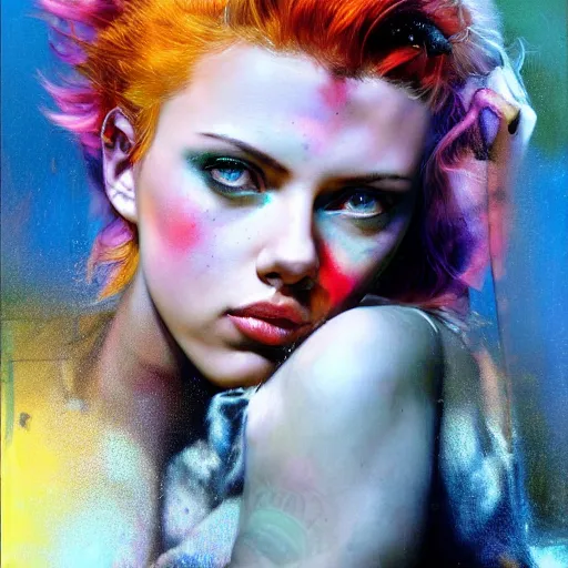 Image similar to teenage scarlett johansson as delirium from sandman, ( hallucinating colorful soap bubbles ), by jeremy mann, by sandra chevrier, by jean giraud and richard avedon, punk rock, tank girl, high detailed, 8 k