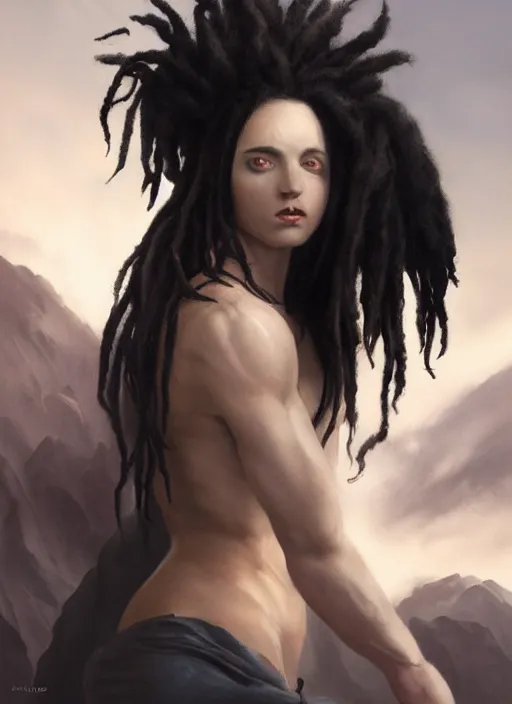 Image similar to girl with pale white skin and black dreadlocks, muscular upper body, beautiful highly detailed face, complementary lighting, backlit, black eyeshadow, dark eyes, adventure, dramatic lighting, landscape background, beautiful painting by artgerm and greg rutkowski and raymond swanland