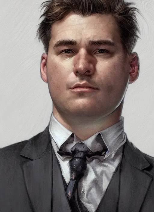 Image similar to wow! fantasy portrait of a clean - shaven chubby chubby chubby white man in a suit and tie, d & d, high fantasy, detailed, digital art, artstation, smooth, sharp focus, art by artgerm, greg rutkowski, alphonse mucha