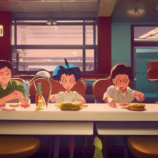 Prompt: a wholesome animation key shot of kids at a 5 0 s diner!!!, medium shot, studio ghibli, pixar and disney animation, sharp, very detailed, high resolution, rendered in unreal engine 5, anime key art by greg rutkowski, bloom, dramatic lighting