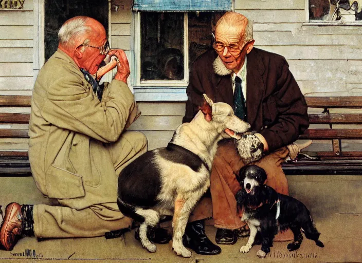 Image similar to high quality high detail painting by norman rockwell, hd, old man with is dog, muted pastel colors, photorealistic lighting