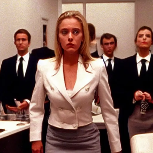 Prompt: female Emmanuel Macron in American Psycho (1999)