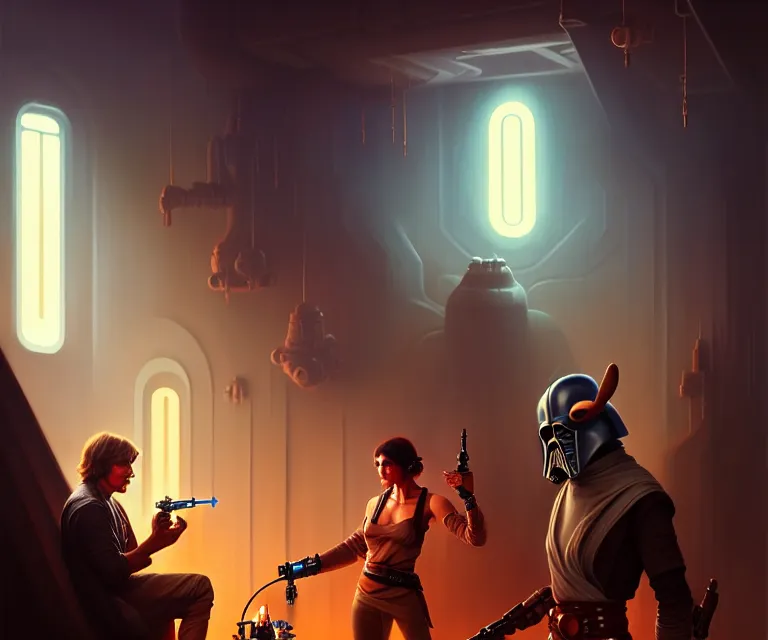 Image similar to grogu meets luke skywalker at the cantina in moss eisley, dramatic lighting, electrical details, high details, 8 k, best, accurate, trending on artstation, photorealism, ultrarealistic, digital painting, style of peter mohrbacher, caravaggio, boris vallejo