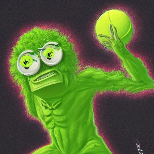 Image similar to a tennis ball monster ,tennis ball, chalk, digital art, fantasy, magic, trending on artstation, ultra detailed, professional illustration by Basil Gogos